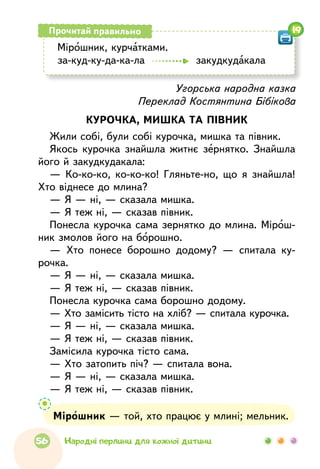 Мірошник — той, хто працює у млині; мельник.
Угорська народна казка
Переклад Костянтина Бібікова
КУРОЧКА, МИШКА ТА ПІВНИК
Жили собі, були собі курочка, мишка та півник.
Якось курочка знайшла житнє зернятко. Знайшла
його й закудкудакала:
— Ко-ко-ко, ко-ко-ко! Гляньте-но, що я знайшла!
Хто віднесе до млина?
— Я — ні, — сказала мишка.
— Я теж ні, — сказав півник.
Понесла курочка сама зернятко до млина. Мірош-
ник змолов його на борошно.
— Хто понесе борошно додому? — спитала ку-
рочка.
— Я — ні, — сказала мишка.
— Я теж ні, — сказав півник.
Понесла курочка сама борошно додому.
— Хто замісить тісто на хліб? — спитала курочка.
— Я — ні, — сказала мишка.
— Я теж ні, — сказав півник.
Замісила курочка тісто сама.
— Хто затопить піч? — спитала вона.
— Я — ні, — сказала мишка.
— Я теж ні, — сказав півник.
Мірошник, курчатками.
за-куд-ку-да-ка-ла закудкудакала
Прочитай правильно 19
56 Народні перлини для кожної дитини
 