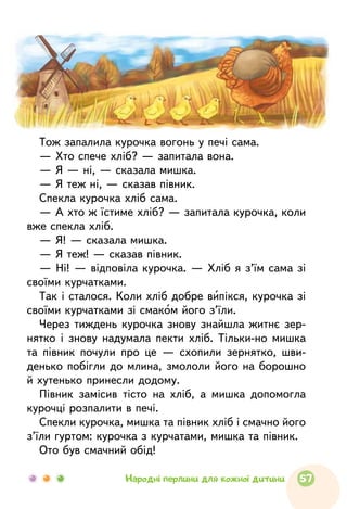 Тож запалила курочка вогонь у печі сама.
— Хто спече хліб? — запитала вона.
— Я — ні, — сказала мишка.
— Я теж ні, — сказав півник.
Спекла курочка хліб сама.
— А хто ж їстиме хліб? — запитала курочка, коли
вже спекла хліб.
— Я! — сказала мишка.
— Я теж! — сказав півник.
— Ні! — відповіла курочка. — Хліб я з’їм сама зі
своїми курчатками.
Так і сталося. Коли хліб добре випікся, курочка зі
своїми курчатками зі смаком його з’їли.
Через тиждень курочка знову знайшла житнє зер-
нятко і знову надумала пекти хліб. Тільки-но мишка
та півник почули про це — схопили зернятко, шви-
денько побігли до млина, змололи його на борошно
й хутенько принесли додому.
Півник замісив тісто на хліб, а мишка допомогла
курочці розпалити в печі.
Спекли курочка, мишка та півник хліб і смачно його
з’їли гуртом: курочка з курчатами, мишка та півник.
Ото був смачний обід!
57Народні перлини для кожної дитини
 