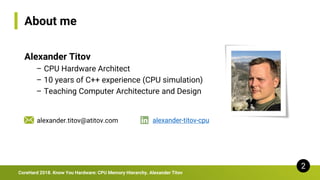 About me
Alexander Titov
– CPU Hardware Architect
– 10 years of C++ experience (CPU simulation)
– Teaching Computer Architecture and Design
CoreHard 2018. Know You Hardware: CPU Memory Hierarchy. Alexander Titov
2
alexander.titov@atitov.com alexander-titov-cpu
 