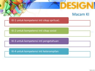 Macam KI
KI-1 untuk kompetensi inti sikap spritual;
KI-2 untuk kompetensi inti sikap sosial
KI-3 untuk kompetensi inti pengetahuan
KI-4 untuk kompetensi inti keterampilan
 