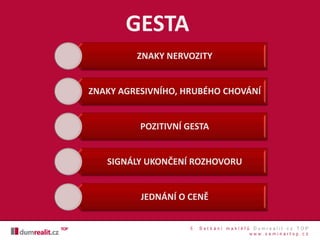 ZNAKY NERVOZITY
ZNAKY AGRESIVNÍHO, HRUBÉHO CHOVÁNÍ
POZITIVNÍ GESTA
SIGNÁLY UKONČENÍ ROZHOVORU
JEDNÁNÍ O CENĚ
GESTA
 