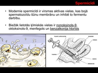 Spermicīdi
• Modernie spermicīdi ir virsmas aktīvas vielas, kas bojā
spermatozoīdu šūnu membrānu un inhibē to fermentu
darbību.
• Biežāk lietotās ķīmiskās vielas ir nonoksinols-9,
oktoksinols-9, menfegols un benzalkonija hlorīds
 