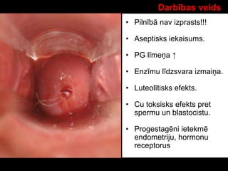 Darbības veids
• Pilnībā nav izprasts!!!
• Aseptisks iekaisums.
• PG līmeņa ↑
• Enzīmu līdzsvara izmaiņa.
• Luteolītisks efekts.
• Cu toksisks efekts pret
spermu un blastocistu.
• Progestagēni ietekmē
endometriju, hormonu
receptorus
 