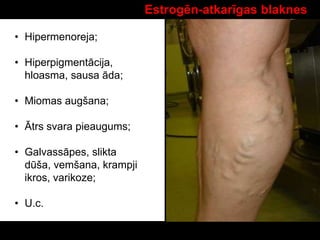 Estrogēn-atkarīgas blaknes
• Hipermenoreja;
• Hiperpigmentācija,
hloasma, sausa āda;
• Miomas augšana;
• Ātrs svara pieaugums;
• Galvassāpes, slikta
dūša, vemšana, krampji
ikros, varikoze;
• U.c.
 