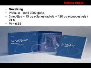 Maksts riņķis
• NuvaRing
• Pasaulē - kopš 2002.gada
• 3 nedēļas = 15 μg etilenestradiola + 120 μg etonogestrels /
24 h
• PI = 0,65
 