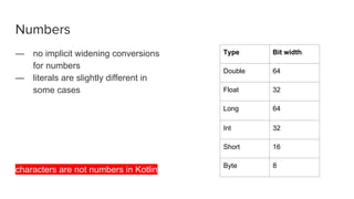 Numbers
— no implicit widening conversions
for numbers
— literals are slightly different in
some cases
characters are not numbers in Kotlin
Type Bit width
Double 64
Float 32
Long 64
Int 32
Short 16
Byte 8
 