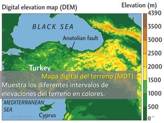 28/01/2009 10:46 p.m. 2. La cuenca hidrográfica 14
Mapa digital del terreno (MDT):
Muestra los diferentes intervalos de
elevaciones del terreno en colores.
 