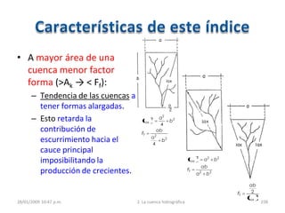 22
222
ba
ab
F
baL
f
ax
2
2
2
2
2
4
4
b
a
ab
F
b
a
L
f
ax
2
2
ax
f
L
ab
F
• A mayor área de una
cuenca menor factor
forma (>Ak → < Ff):
– Tendencia de las cuencas a
tener formas alargadas.
– Esto retarda la
contribución de
escurrimiento hacia el
cauce principal
imposibilitando la
producción de crecientes.
28/01/2009 10:47 p.m. 2. La cuenca hidrográfica 238
 