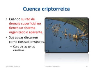• Cuando su red de
drenaje superficial no
tienen un sistema
organizado o aparente.
• Sus aguas discurren
como ríos subterráneos.
– Caso de las zonas
cársticas.
28/01/2009 10:46 p.m. 2. La cuenca hidrográfica 93
 