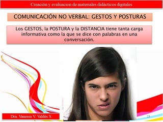 COMUNICACIÓN NO VERBAL: GESTOS Y POSTURAS
Los GESTOS, la POSTURA y la DISTANCIA tiene tanta carga
informativa como la que se dice con palabras en una
conversación.
23
 