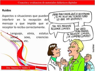 Ruidos
Aspectos o situaciones que pueden
interferir en la recepción del
mensaje y que impide que el
receptor lo reciba correctamente.
• Lenguaje, etnia, estatus
social, sexo, creencias
religiosas, etc.
 
