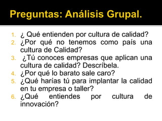 Preguntas: Análisis Grupal. ¿ Qué entienden por cultura de calidad?¿Por qué no tenemos como país una cultura de Calidad? ¿Tú conoces empresas que aplican una cultura de calidad? Descríbela.¿Por qué lo barato sale caro?¿Qué harías tú para implantar la calidad en tu empresa o taller?¿Qué entiendes por cultura de innovación?