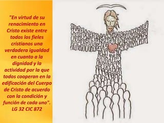 "En virtud de su
renacimiento en
Cristo existe entre
todos los fieles
cristianos una
verdadera igualdad
en cuanto a la
dignidad y la
actividad por la que
todos cooperan en la
edificación del Cuerpo
de Cristo de acuerdo
con la condición y
función de cada uno".
LG 32 CIC 872
 