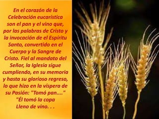 En el corazón de la
Celebración eucarística
son el pan y el vino que,
por las palabras de Cristo y
la invocación de el Espíritu
Santo, convertido en el
Cuerpo y la Sangre de
Cristo. Fiel al mandato del
Señor, la Iglesia sigue
cumpliendo, en su memoria
y hasta su glorioso regreso,
lo que hizo en la víspera de
su Pasión: "Tomó pan...."
"Él tomó la copa
Lleno de vino. . .
 