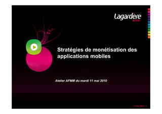 11 mai 2010 / 1
Stratégies de monétisation des
applications mobiles
Atelier AFMM du mardi 11 mai 2010
 