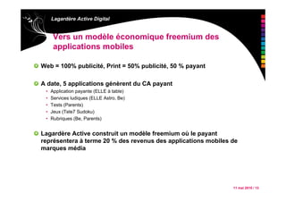11 mai 2010 / 13
Lagardère Active Digital
Vers un modèle économique freemium des
applications mobiles
Web = 100% publicité, Print = 50% publicité, 50 % payant
A date, 5 applications génèrent du CA payant
• Application payante (ELLE à table)
• Services ludiques (ELLE Astro, Be)
• Tests (Parents)
• Jeux (Tele7 Sudoku)
• Rubriques (Be, Parents)
Lagardère Active construit un modèle freemium où le payant
représentera à terme 20 % des revenus des applications mobiles de
marques média
 