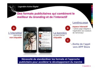 11 mai 2010 / 6
Lagardère Active Digital
Des formats publicitaires qui combinent le
meilleur du branding et de l’interactif
L’interstitiel
plein-écran
non cliquable
La bannière
en pied d’écran
cliquable
Landing page
Sortie de l’appli
vers APP Store
A B
C
espace interactif
= pleine page intégrée à
l’application aux couleurs
de l’annonceur
Nécessité de standardiser les formats et l’approche
publicitaire pour accélérer le développement du marché
 