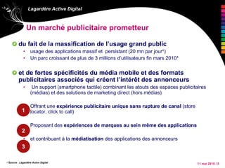 Un marché publicitaire prometteur du fait de la massification de l’usage grand public  usage des applications massif et  persistant (20 mn par jour*) Un parc croissant de plus de 3 millions d’utilisateurs fin mars 2010* et de fortes spécificités du média mobile et des formats publicitaires associés qui créent l’intérêt des annonceurs  Un support (smartphone tactile) combinant les atouts des espaces publicitaires (médias) et des solutions de marketing direct (hors médias) Offrant une  expérience publicitaire unique sans rupture de canal  (store locator, click to call) Proposant des  expériences de marques au sein même des applications et contribuant à la  médiatisation  des applications des annonceurs *Source : Lagardère Active Digital 1 2 3 