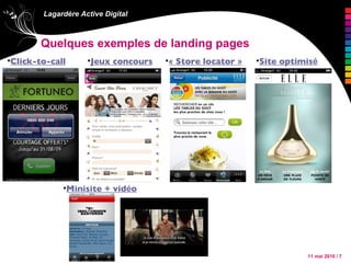 Quelques exemples de landing pages Site optimis é Click-to-call Jeux concours Minisite + vid é o «  Store locator  » 