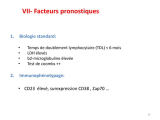 23
1. Biologie standard:
• Temps de doublement lymphocytaire (TDL) < 6 mois
• LDH élevés
• b2-microglobuline élevée
• Test de coombs ++
2. Immunophénotypage:
• CD23 élevé, surexpression CD38 , Zap70 …
VII- Facteurs pronostiques
 