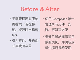 Before & After
• 手動管理所有原始
碼 案，若在移
動、複製時出錯就
GG
• 引入套件、升級函
式庫費時辛苦
• 使用 Composer 統一
管理所有元件，安
裝、更新都方便
• 框架目錄結構清楚且
依照慣例，即便新成
員也能無接縫使用
 