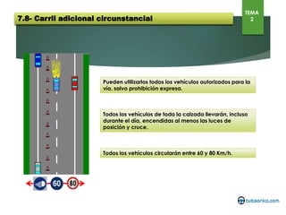 Pueden utilizarlos todos los vehículos autorizados para la vía, salvo
prohibición expresa.
Todos los vehículos de toda la calzada llevarán, incluso durante el
día, encendidas al menos las luces de posición y cruce.
Todos los vehículos circularán entre 60 y 80 Km/h.
7.8- Carril adicional circunstancial
TEMA
2
 