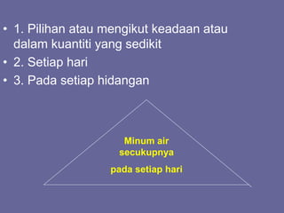 • 1. Pilihan atau mengikut keadaan atau
dalam kuantiti yang sedikit
• 2. Setiap hari
• 3. Pada setiap hidangan
Minum air
secukupnya
pada setiap hari
 