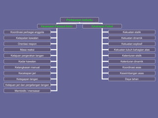 Perbezaan Individu
Keupayaan Persepsi Motor Kecekapan Fizikal
Koordinasi perbagai anggota
Ketepatan kawalan
Orentasi respon
Kekuatan statik
Masa reaksi
Kelajuan pergerakan tangan
Kadar kawalan
Ketangkasan manual
Kecekapan jari
Ketegapan tangan
Kelajuan jari dan pergelangan tangan
Membidik / mensasar
Kekuatan dinamik
Kekuatan explosif
Kekuatan tubuh bahagian atas
Kelenturan ststik
Kelenturan dinamik
Koordinasi asas
Keseimbangan asas
Daya tahan
 