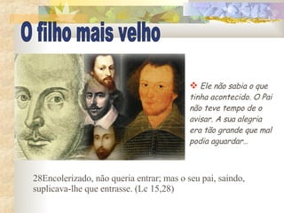 28Encolerizado, não queria entrar; mas o seu pai, saindo, suplicava-lhe que entrasse. (Lc 15,28) O filho mais velho Ele não sabia o que tinha acontecido. O Pai não teve tempo de o avisar. A sua alegria era tão grande que mal podia aguardar…  