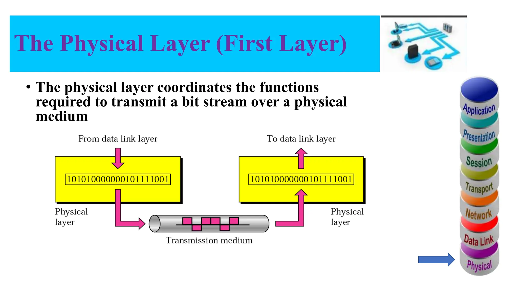 The Physical Layer (First Layer) • The physical layer coordinates the functions required to transmit a bit stream over a physical medium 