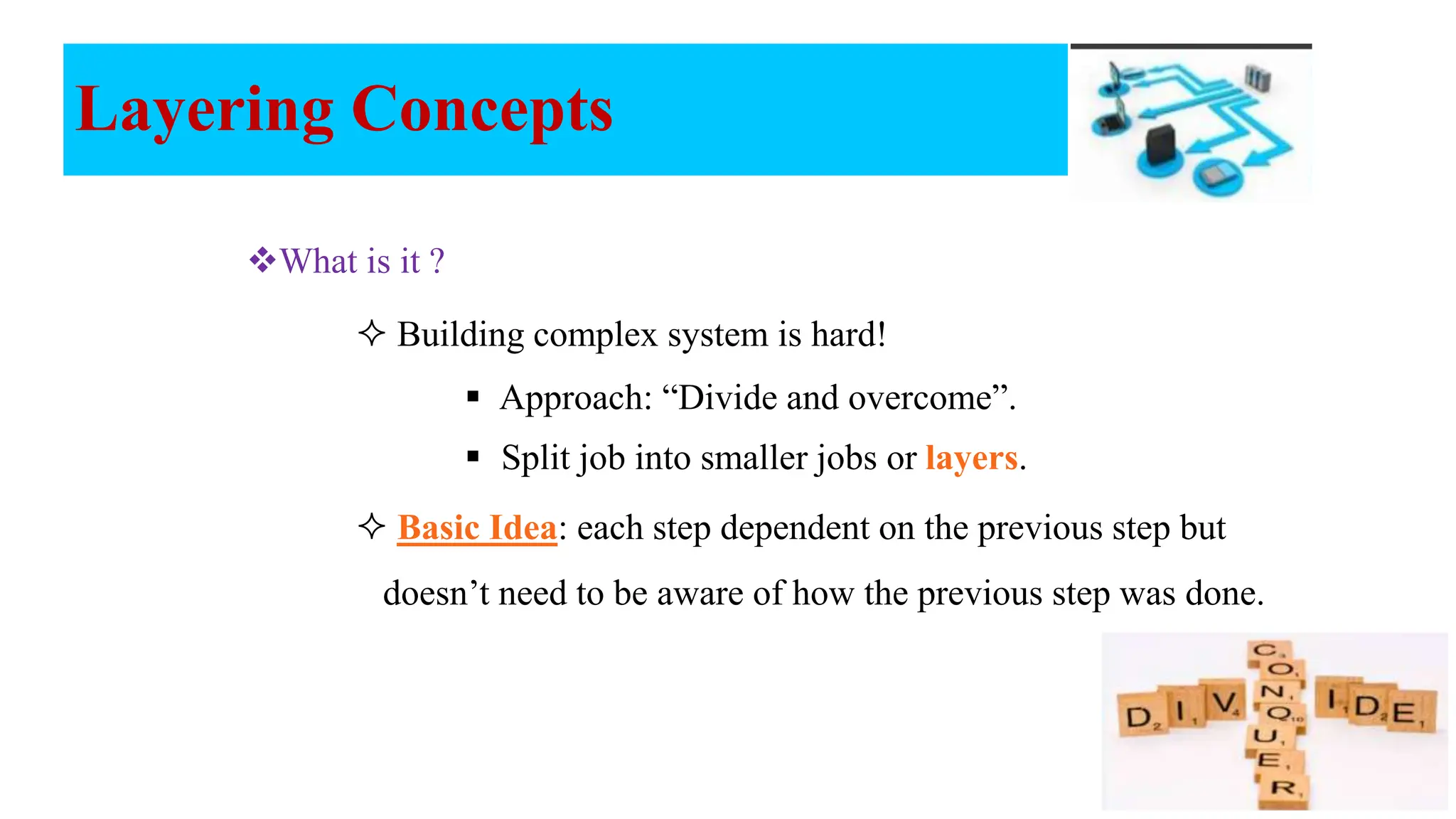 Layering Concepts What is it ?  Building complex system is hard!  Approach: “Divide and overcome”.  Split job into smaller jobs or layers.  Basic Idea: each step dependent on the previous step but doesn’t need to be aware of how the previous step was done. 