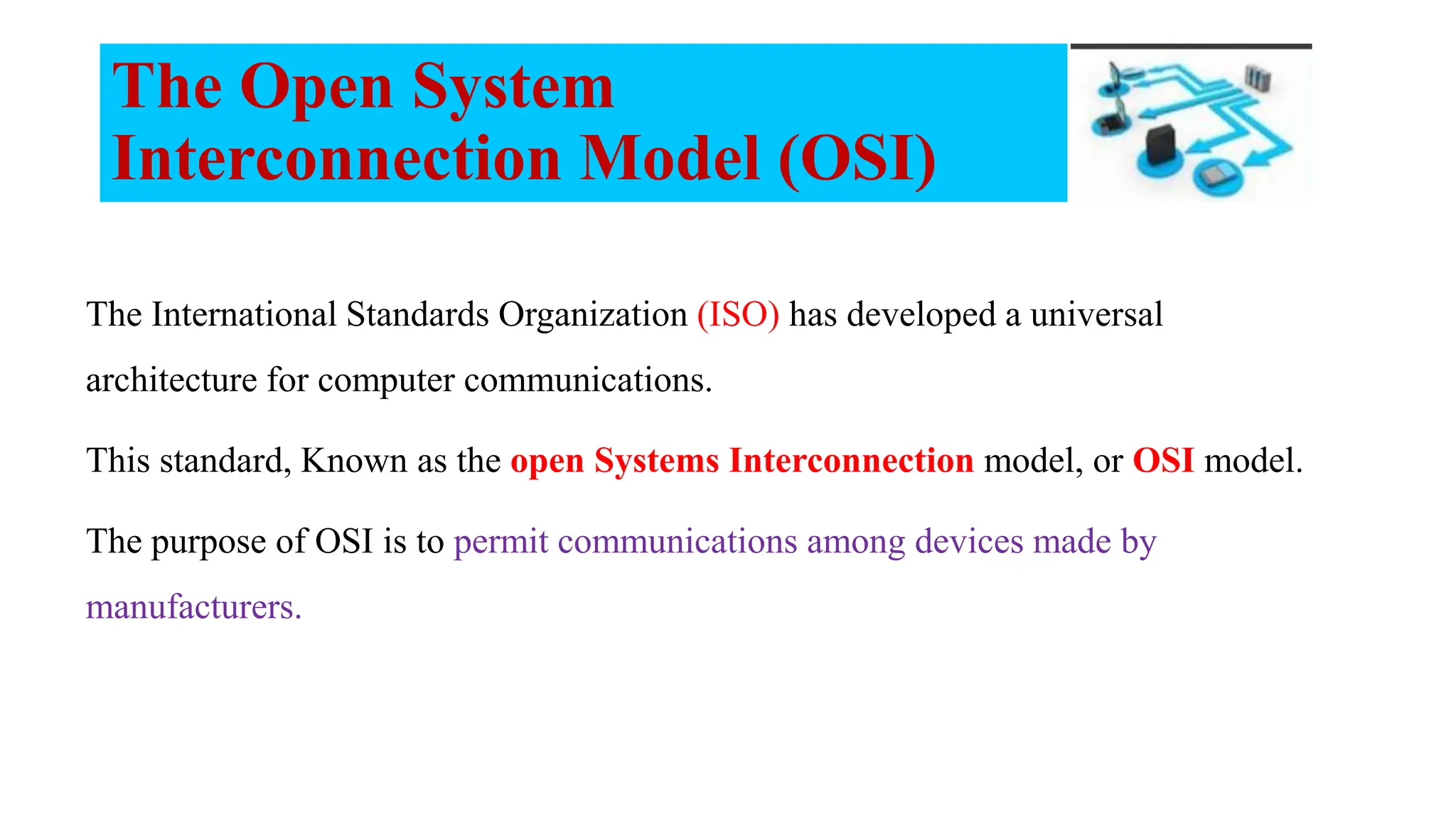 The Open System Interconnection Model (OSI) The International Standards Organization (ISO) has developed a universal architecture for computer communications. This standard, Known as the open Systems Interconnection model, or OSI model. The purpose of OSI is to permit communications among devices made by manufacturers. 