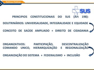 PRINCIPIOS CONSTITUCIONAIS DO SUS (Art 198):
DOUTRINÁRIOS: UNIVERSALIDADE, INTEGRALIDADE E EQUIDADE
CONCEITO DE SAÚDE AMPLIADO + DIREITO DE CIDADANIA
ORGANIZATIVOS: PARTICIPAÇÃO, DESCENTRALIZAÇÃO
COMANDO UNICO, HIERARQUIZAÇÃO E REGIONALIZAÇÃO
ORGANIZAÇÃO DO SISTEMA + FEDERALISMO + INCLUSÃO
 