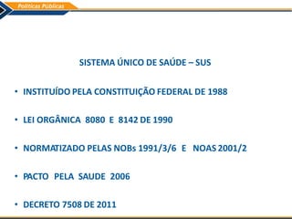 SISTEMA ÚNICO DE SAÚDE – SUS
• INSTITUÍDO PELA CONSTITUIÇÃO FEDERAL DE 1988
• LEI ORGÂNICA 8080 E 8142 DE 1990
• NORMATIZADO PELAS NOBs 1991/3/6 E NOAS 2001/2
• PACTO PELA SAUDE 2006
• DECRETO 7508 DE 2011
 