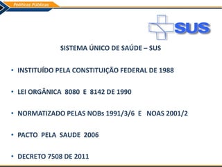 SISTEMA ÚNICO DE SAÚDE – SUS
• INSTITUÍDO PELA CONSTITUIÇÃO FEDERAL DE 1988
• LEI ORGÂNICA 8080 E 8142 DE 1990
• NORMATIZADO PELAS NOBs 1991/3/6 E NOAS 2001/2
• PACTO PELA SAUDE 2006
• DECRETO 7508 DE 2011
 