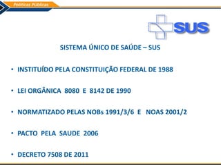 SISTEMA ÚNICO DE SAÚDE – SUS
• INSTITUÍDO PELA CONSTITUIÇÃO FEDERAL DE 1988
• LEI ORGÂNICA 8080 E 8142 DE 1990
• NORMATIZADO PELAS NOBs 1991/3/6 E NOAS 2001/2
• PACTO PELA SAUDE 2006
• DECRETO 7508 DE 2011
 
