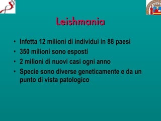 Leishmania Infetta 12 milioni di individui in 88 paesi 350 milioni sono esposti 2 milioni di nuovi casi ogni anno Specie sono diverse geneticamente e da un punto di vista patologico 