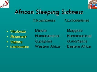 African Sleeping Sickness Virulenza Reservoir Vettore Distribuzione Minore   Maggiore Human/animal   Human/animal G.palpalis   G.mortisans Western Africa   Eastern Africa T.b.gambiense   T.b.rhodesiense 