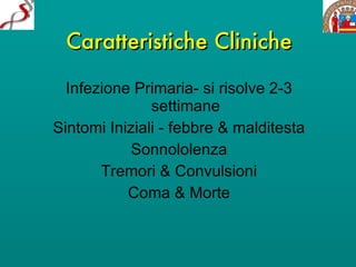 Caratteristiche Cliniche Infezione Primaria- si risolve 2-3 settimane Sintomi Iniziali - febbre & malditesta Sonnololenza Tremori & Convulsioni Coma & Morte 
