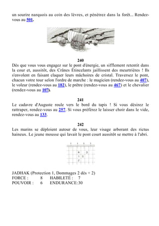 un sourire narquois au coin des lèvres, et pénétrez dans la forêt... Rendez-
vous au 501.
240
Dès que vous vous engagez sur le pont d'énergie, un sifflement retentit dans
la cour et, aussitôt, des Crânes Étincelants jaillissent des meurtrières ! Ils
s'envolent en faisant claquer leurs mâchoires de cristal. Traversez le pont,
chacun votre tour selon l'ordre de marche : le magicien (rendez-vous au 407),
le voleur (rendez-vous au 182), le prêtre (rendez-vous au 467) et le chevalier
(rendez-vous au 107).
241
Le cadavre d'Auguste roule vers le bord du tapis ! Si vous désirez le
rattraper, rendez-vous au 257. Si vous préférez le laisser choir dans le vide,
rendez-vous au 133.
242
Les marins se déploient autour de vous, leur visage arborant des rictus
haineux. Le jeune mousse qui lavait le pont court aussitôt se mettre à l'abri.
JADHAK (Protection 1, Dommages 2 dés + 2)
FORCE : 8 HABILETÉ : 7
POUVOIR : 6 ENDURANCE:30
 