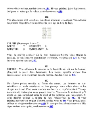 voleur désire tricher, rendez-vous au 134. Si vous préférez jouer loyalement,
désignez un autre que le voleur et rendez-vous au 434.
100
Vos adversaires sont invisibles, mais leurs armes ne le sont pas. Vous devrez
néanmoins procéder à vos lancers avec trois dés au lieu de deux.
SYLPHE (Dommages 1 dé + 3)
FORCE : 7 HABILETÉ : 8
POUVOIR : 8 ENDURANCE : 14
Vous ne pouvez avancer sur le pont puisqu'un Sylphe vous bloque le
passage. Si vous désirez abandonner le combat, retournez au 226. Si vous
les tuez, rendez-vous au 350.
101
PRÊTRE : Vous déversez le contenu de la bouteille de lait sur la flamme,
plongeant la pièce dans l'obscurité. Les rubans spiralés arrêtent leur
progression et s'en retournent dans le marbre. Rendez-vous au 145.
102
Un silence pesant succède au fracas des armes. Les hommes se sont
volatilisés, et seuls subsistent de leur passage leurs robes vides et les
cierges sur le sol. Vous vous penchez sur la civière, expérimentant l'étrange
sensation de contempler votre propre cadavre. Vous avez le sentiment qu'il
existe un lien surnaturel entre le mort et les lanternes qui l'entourent. Si
vous désirez utiliser la sphère de Feu, rendez-vous au 553. Si vous
préférez recourir au briquet d'ambre, rendez-vous au 90. Vous pouvez aussi
utiliser un cierge (rendez-vous au 485). Si vous préférez abandonner cette idée
et poursuivre votre quête, rendez-vous au 547.
 