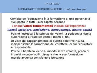 TFA SOSTEGNO
LE PRINCIPALI TEORIE PSICOPEDAGOGICHE – 1 parte 700 – 800- 900
 