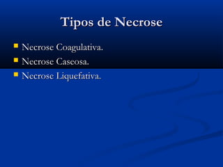 Tipos de NecroseTipos de Necrose
 Necrose Coagulativa.Necrose Coagulativa.
 Necrose Caseosa.Necrose Caseosa.
 Necrose Liquefativa.Necrose Liquefativa.
 