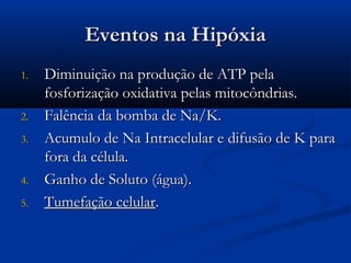 Eventos na HipóxiaEventos na Hipóxia
1.1. Diminuição na produção de ATP pelaDiminuição na produção de ATP pela
fosforização oxidativa pelas mitocôndrias.fosforização oxidativa pelas mitocôndrias.
2.2. Falência da bomba de Na/K.Falência da bomba de Na/K.
3.3. Acumulo de Na Intracelular e difusão de K paraAcumulo de Na Intracelular e difusão de K para
fora da célula.fora da célula.
4.4. Ganho de Soluto (água).Ganho de Soluto (água).
5.5. Tumefação celularTumefação celular..
 