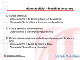 Alumnat oficial – Modalitat de cursos

Cursos extensius:
Classes de 2 ½ h de dilluns a dijous, en dies alterns.
Classes de 2 h. de dilluns a divendres, en dies alterns.

Cursos extensius semipresencials:
Classes un dia a la setmana i treball en línia

Cursos intensius quadrimestrals de setembre a gener i de febrer a
juny:
 Classes de 2 ½ h diàries de dilluns a dijous.
 Classes de 2 h de dilluns a divendres.


                                                                17
 