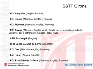 SSTT Girona
• EOI Banyoles (Anglès, Francès)

• EOI Blanes (Alemany, Anglès, Francès)

• EOI Figueres (Alemany, Anglès, Francès)

• EOI Girona (Alemany, Anglès, Àrab, Català per a no catalanoparlants,
Espanyol per a estrangers, Francès, Italià, Rus)

• CPD Palafrugell (Anglès)

• CPD Santa Coloma de Farners (Anglès)

• EOI Olot (Alemany, Anglès, Francès)

• EOI Ripoll (Anglès, Francès)

• EOI Sant Feliu de Guíxols (Alemany, Anglès, Francès)
                                                                         30
 