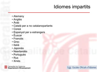 Idiomes impartits
• Alemany
• Anglès
• Àrab
• Català per a no catalanoparlants
• Coreà
• Espanyol per a estrangers
• Èuscar
• Francès
• Grec
• Italià
• Japonès
• Neerlandès
• Portuguès
• Rus
• Xinès

                                                     11
 