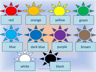 red            orange                    yellow         green




blue           dark blue                       purple   brown




       white                              black
                    Воронцова Н.С. 2011-2012
 
