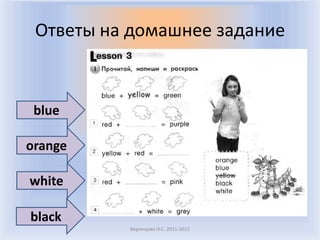Ответы на домашнее задание



 blue

orange

white

black
          Воронцова Н.С. 2011-2012
 