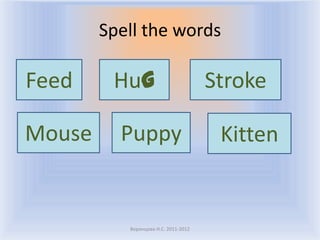 Spell the words

Feed     Hug                          Stroke

Mouse     Puppy                        Kitten


           Воронцова Н.С. 2011-2012
 